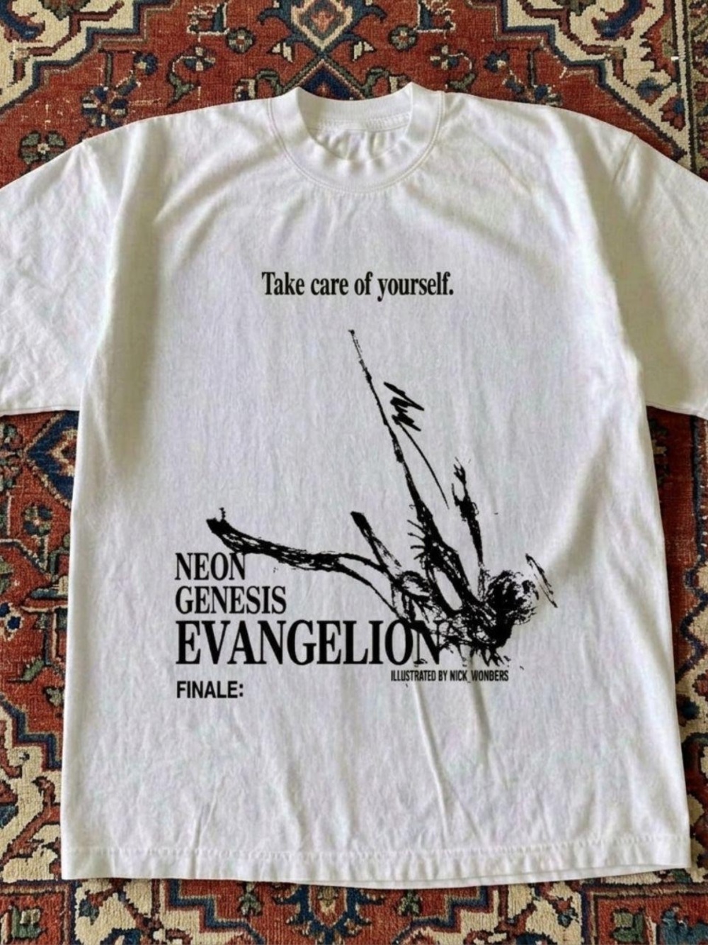 Gildan White Graphic Tee with Black Neon Genesis Evangelion Print